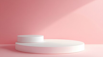 Poster - 3D rendered geometric shapes with a white podium on the floor featuring abstract platforms for product presentation against a soft pink pastel background