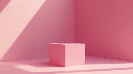 Fototapete - 3D render illustration of a geometric minimal design concept featuring a pastel pink cube podium or pedestal background providing an empty space for product showcase and advertising purposes