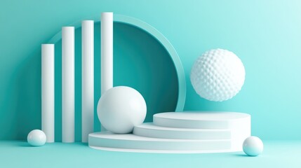 Fototapete - Abstract white product display featuring a cyan background and white geometric abstract shapes in 3D render illustration