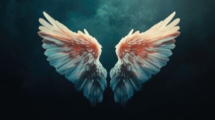 Poster - Pastel Toned Ethereal Angel Wings Radiating Soft Light on Dark Backdrop