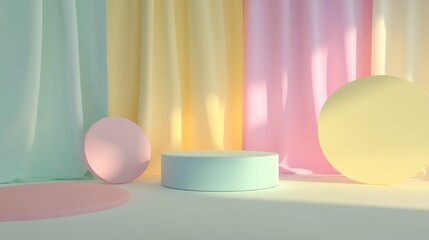 Aufkleber - Minimalistic abstract mock up scene featuring pastel colored geometric shapes and a podium background for product display 3D rendering