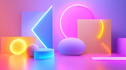 Aufkleber - 3D rendering of an abstract arrangement of geometric forms in a brightly lit space featuring neon illumination A platform for your mockup