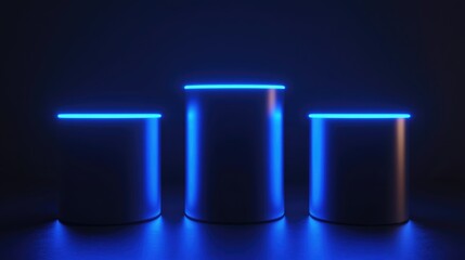 Poster - 3D render of a cylinder podium illuminated by blue neon lights against a dark backdrop Podium designed for showcasing technology products Empty dark space features neon light displays with blank b