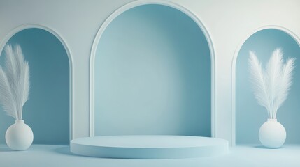 Poster - Abstract 3D render showcasing a mock up podium for product display featuring a minimal geometric background