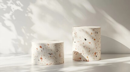 Aufkleber - Luxury marble cylinder podium with terrazzo and stone set against a white wall background featuring shadow Minimalistic scene for product showcase and presentation 3D rendering