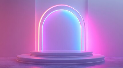Poster - Podium display for products vacant stage with colored neon lighting Ideal space for product presentation Retro and Sci Fi aesthetic 3D rendered image