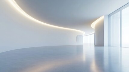 Aufkleber - Abstract white space featuring a curved wall Modern empty showroom with flooring Conceptual background for the future 3D rendering