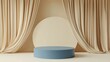 © AImmersive Imagery - Empty luxury blue cylinder podium with a cream circle arch and curtain backdrop Abstract minimalistic 3D geometric shape for product display Pedestal mockup for design purposes 3D render