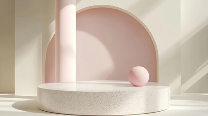 Poster - Minimalist 3D illustration of a product display podium featuring soft pastel hues