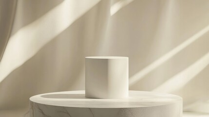 Poster - 3D rendering of a white cylinder podium designed for product branding and packaging display Featuring minimal geometric shapes this stage is showcased on a white pedestal against a premium studio