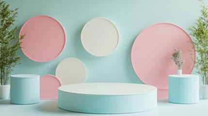 Fototapete - Pastel colored podium setup featuring geometric shapes in the background for product display 3D rendering