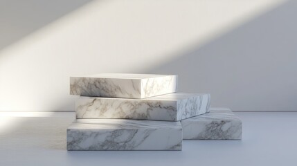 Aufkleber - 3D rendering of overlapping square marble pedestals designed for product displays on a white floor The podium is suitable for advertising and features a minimalist style against a white background