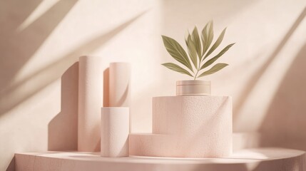 Aufkleber - Minimalistic scene featuring geometric shapes with cylinder podiums in the background and a paper leaf on a column Designed to highlight a cosmetic product suitable for a showcase or display 3D re
