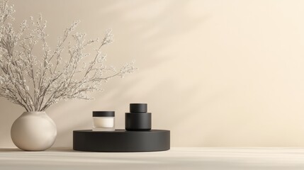 Poster - 3D rendering of a minimalist background for cream cosmetic products with a sleek black podium