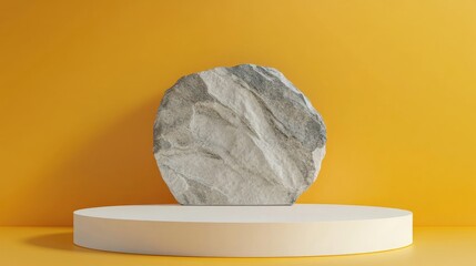 Poster - 3D rendering of a white podium featuring a stone on a yellow backdrop Elegant minimalist setting for product showcase Circular white platform with a marble wall in a studio environment