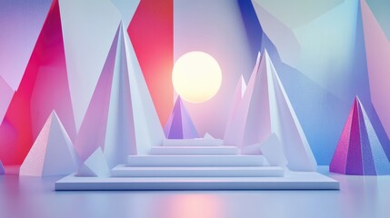 Aufkleber - 3D white geometric display with vibrant geometric backdrop 3D visualization