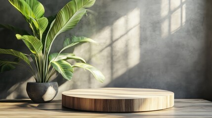 Aufkleber - 3D rendering of a wooden podium display featuring a plant in the background