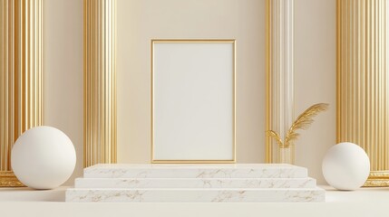 Poster - Minimalist clean display pedestal in white and gold featuring an elegant frame and blank space for a luxurious presentation 3D illustration