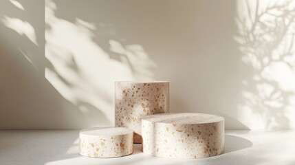 Aufkleber - Luxury marble cylinder podium with terrazzo and stone set against a white wall background featuring shadow Minimalistic scene for product showcase and presentation 3D rendering