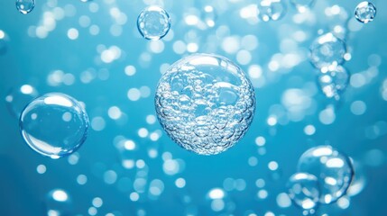 Poster - Three dimensional bubbles are ascending against a blue backdrop resembling bubbles surfacing in water