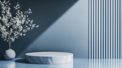 Aufkleber - Minimalist composition featuring a podium against an abstract backdrop Geometric shapes in classic blue hues 3D rendering of the scene with geometric forms and a blue background