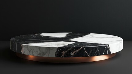 Poster - 3D abstract rendering of a marble podium in black white and copper set against a dark background A black platform designed for product display suitable for an interior awards ceremony