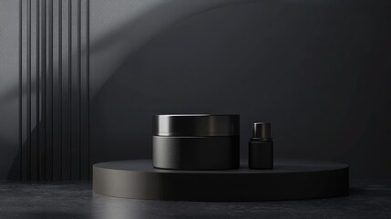 Fototapete - 3D rendering of an empty backdrop for cream cosmetics featuring a sleek black podium background