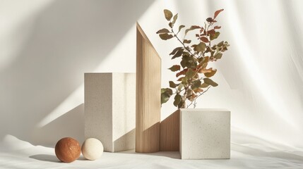 Aufkleber - Abstract minimalistic composition featuring geometric shapes a wooden podium and foliage against a white backdrop