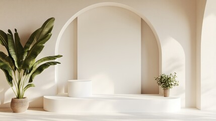 Aufkleber - Arched interior backdrop with a white mockup podium in 3D rendering