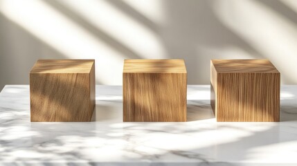 Aufkleber - Three wooden block stages rendered in 3D on a white marble table surface suitable for product advertisement