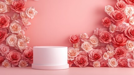 Aufkleber - Cylindrical stand on a rose background with an empty pedestal showcasing a 3D illustration concept