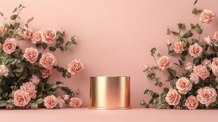 Aufkleber - Cylindrical stand on a rose background with an empty pedestal showcasing a 3D illustration concept
