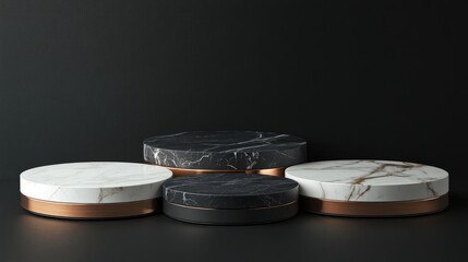 Poster - 3D abstract rendering of a marble podium in black white and copper set against a dark background A black platform designed for product display suitable for an interior awards ceremony