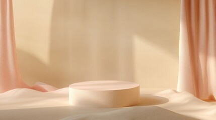 Fototapete - Abstract background of a vacant podium designed for product and cosmetic presentations and mockups Soft pastel cream colored pedestal or showcase featuring minimal geometric shapes Vibrant scene 3