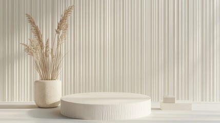 Poster - Minimalist product display stand and podium in an abstract white composition featuring 3D rendering and illustration