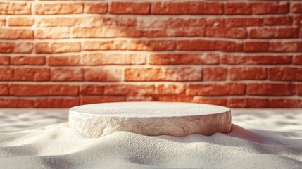 Aufkleber - Minimalist mockup setting for showcasing products Stone pedestal with white sand against a red brick backdrop 3D rendering illustration with included clipping paths for all elements