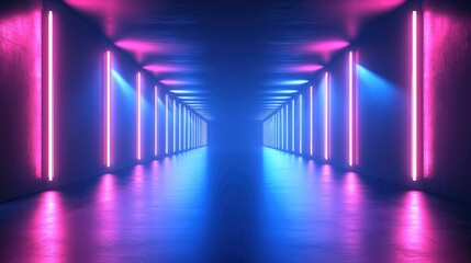 Poster - Abstract light tunnel with a blue background featuring a portal illuminated by rays neon lights and spotlights A dark empty scene showcases neon elements Symmetrical reflections and perspective in