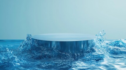 Fototapete - Blue cylindrical podium featuring a water surface texture against a blue backdrop Ideal for product display Evokes freshness and health Pedestal offers copy space Suitable for banner size and webs
