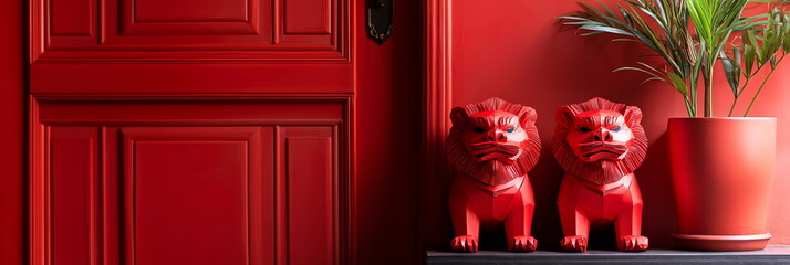 Wall Mural - An entrance adorned with a pair of red paper lions, placed beside a doorway, symbolizing protection against evil spirits during the New Year festivities. Wide horizontal Chinese new year banner