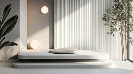 Poster - Minimalist 3D white and gray podium with an abstract geometric shape ideal for showcasing cosmetics and beauty products