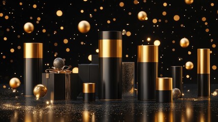 Poster - Promotional display featuring gifts on cylindrical podiums against a black and gold background An abstract luxury environment highlighting geometric shapes ideal for showcasing cosmetic products 3