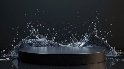 Poster - Black podium over splashing water with a dark background 3D rendering