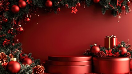 Aufkleber - 3D rendered podium backdrop in red hues for holiday product displays