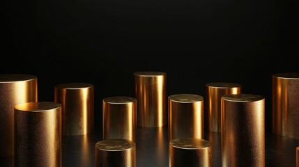 Poster - Minimalist abstract composition featuring golden cylindrical podiums against a black backdrop 3D rendering