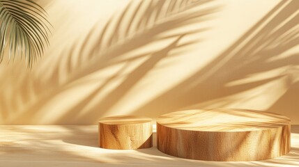 Aufkleber - Light beige and pastel orange 3D rendering of a simple minimal wooden podium background featuring a palm leaf shadow designed for showcasing natural products on a cylindrical stand