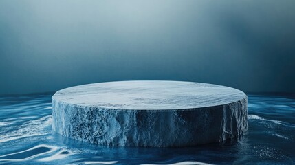Fototapete - Blue cylindrical podium featuring a water surface texture against a blue backdrop Ideal for product display Evokes freshness and health Pedestal offers copy space Suitable for banner size and webs