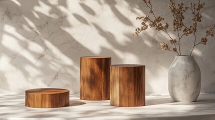 Aufkleber - Luxury brown wood box block cylinder podium and cube casting shadows on a white marble background Concept scene for stage showcase product presentation and cosmetic promotion 3D render