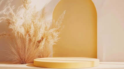 Poster - 3D yellow podium with a minimal studio background Abstract geometric shape object rendering for showcasing seasonal products