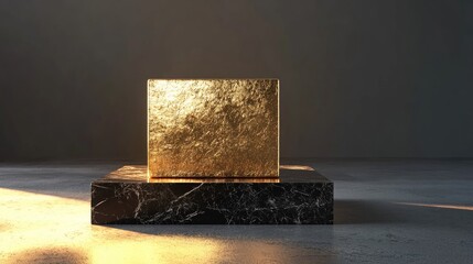 Poster - 3D rendered podium featuring a black marble base and gold textured cube Mockup for exhibitions product presentations promotional sales therapy relaxation health banners discounts and cosmetics