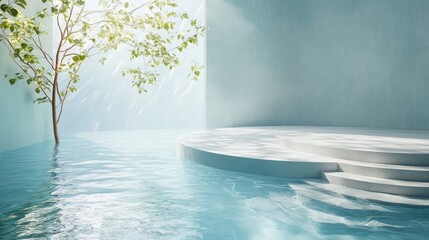 Poster - Exhibition podium and stand situated in a pool of clear water for showcasing premium products 3D render Abstract natural and organic backdrop ideal for advertising spa body care relaxation and hea